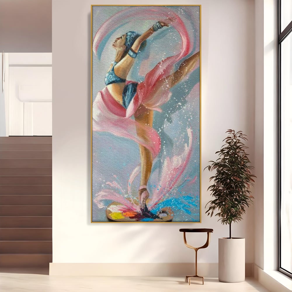 Tablou canvas cu tablou canvas cu balerina in zbor, in rama de aluminiu auriu